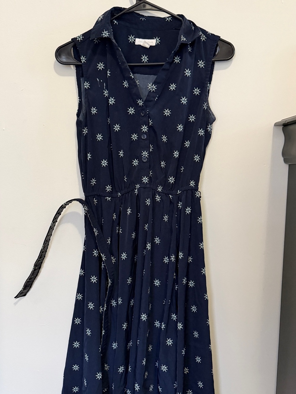 Charter Club Navy Sleeveless Collared Floral Tie-Waist Dress